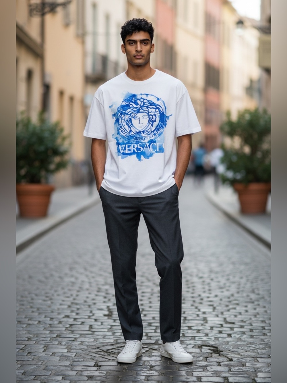 Versace White T-Shirt with Blue Medusa Print